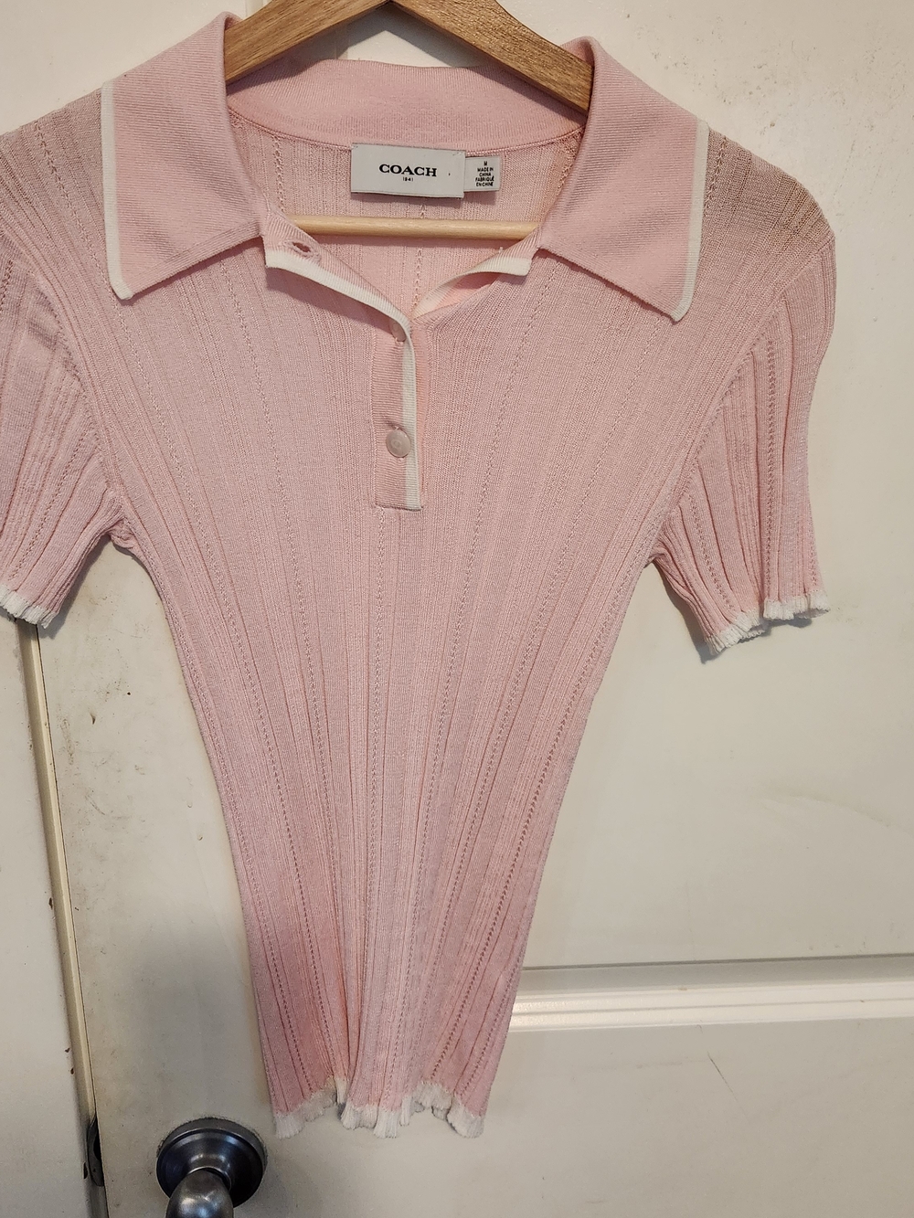 COACH Pink Ribbed Polo Top with Contrast Trim